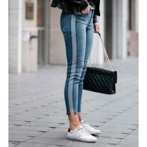 7 For All Mankind Two Toned Side Striped Skinny Leg Jeans Mid Rise Raw Hem Sz 24 - Picture 1 of 14